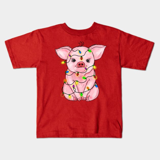 Cute Pig Christmas Lights Kids T-Shirt by BadDesignCo